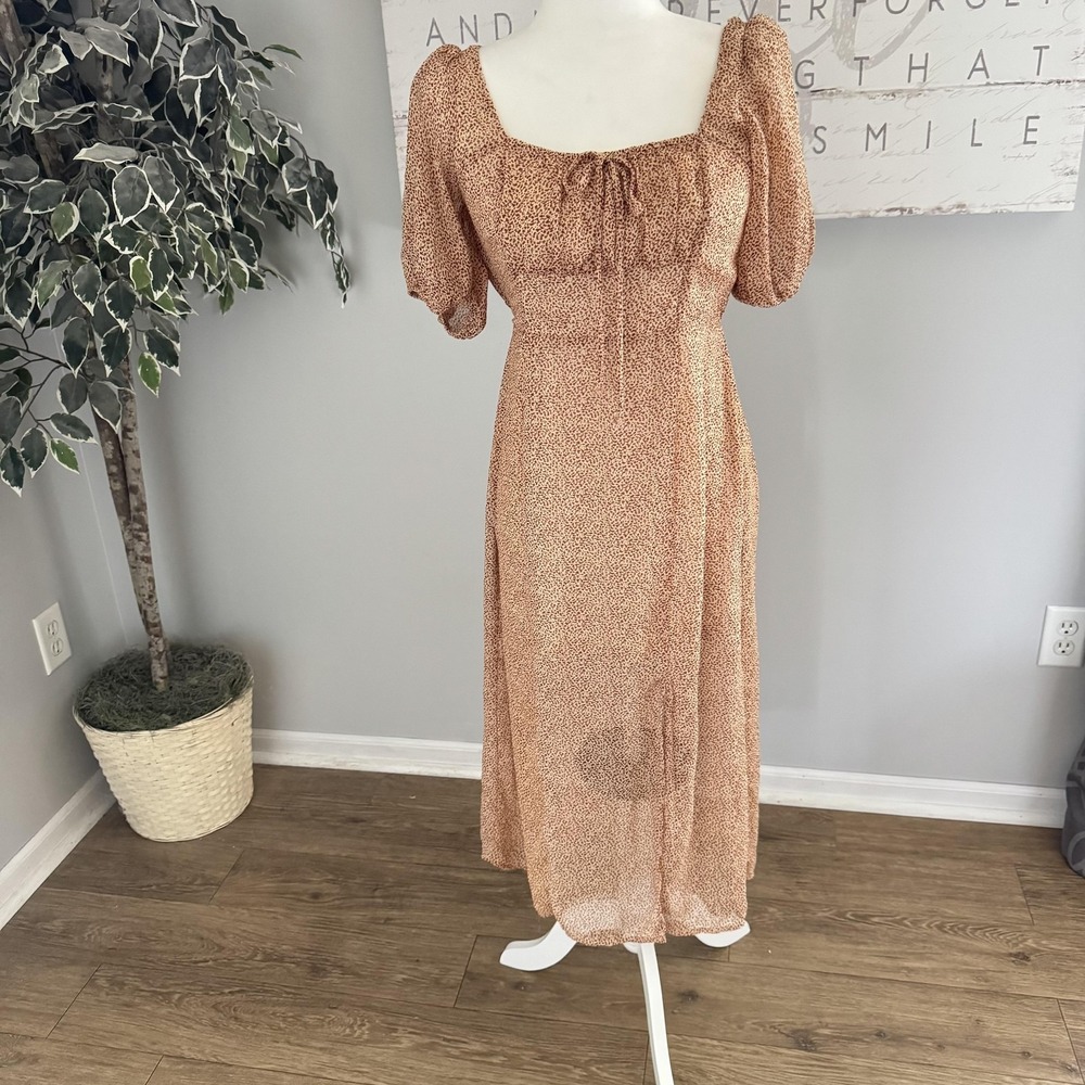 Sienna Sky Dress Womens S Beige Animal Print Square Neck‎ Puff Sleeve Midi Boho